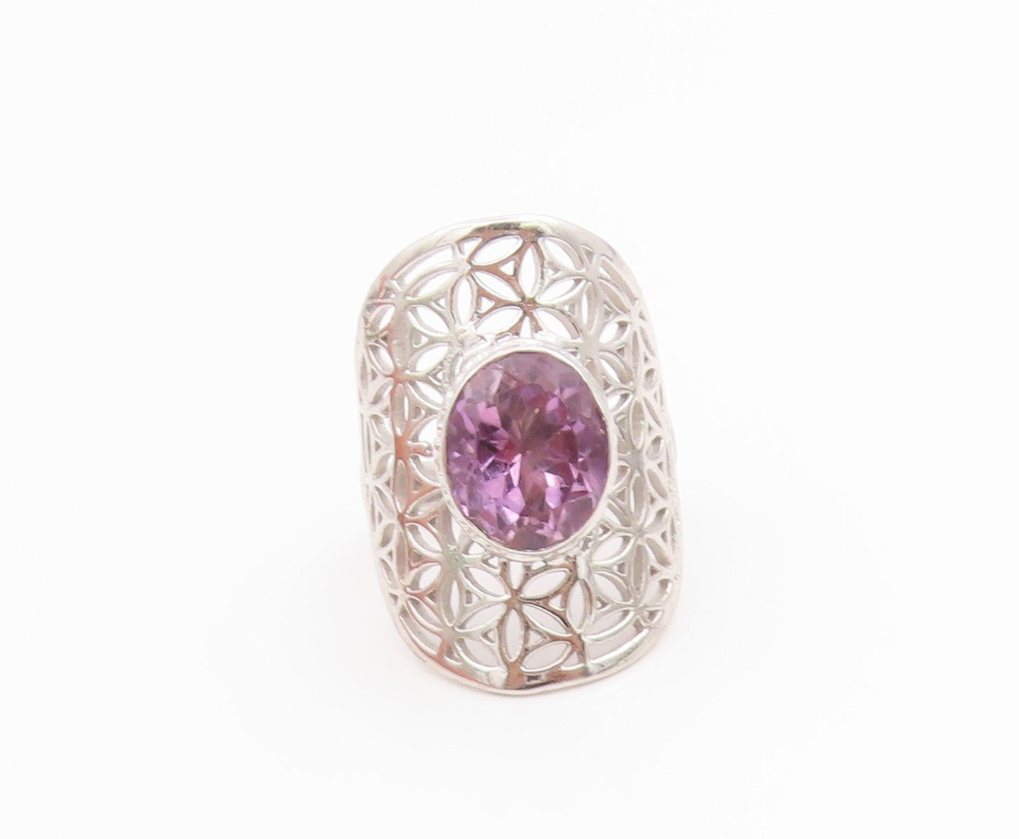 925 Sterling Silver Vintage Ring Amethyst Intricate Openwork Band  Sz 8  RG36145
