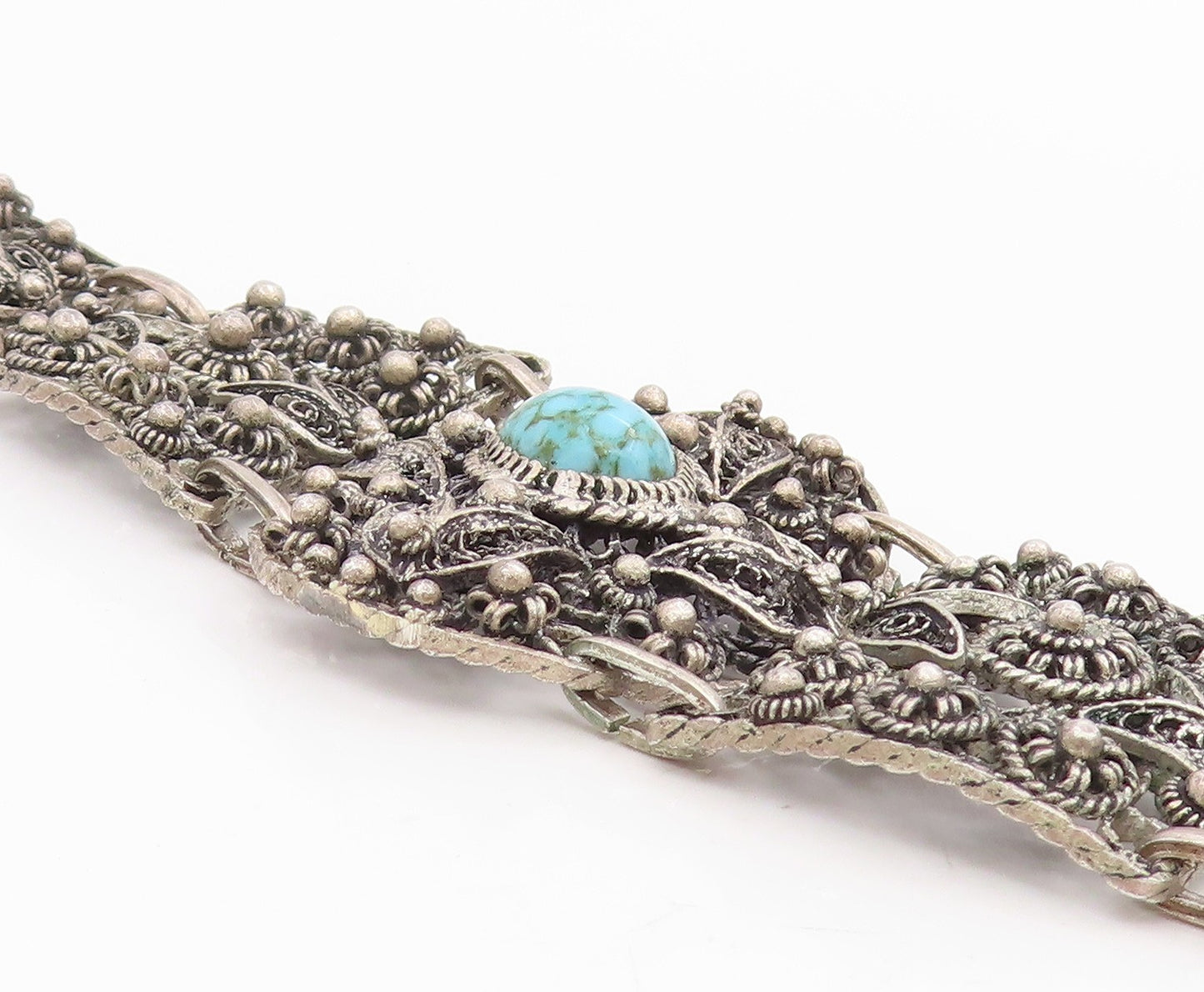 925 Sterling Silver Vintage Bracelet Turquoise Intricate Floral Filigree BT11710