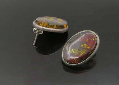925 Sterling Silver   Vintage Amber Dark Tone Oval Drop Earrings  EG11288
