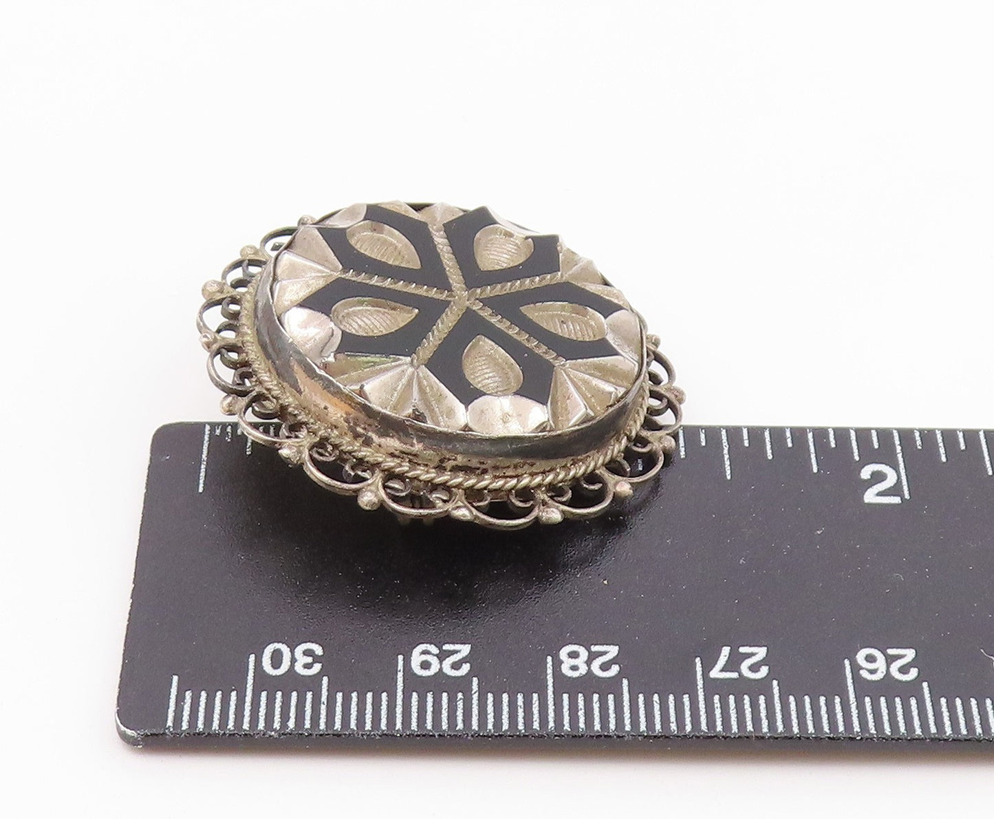 MEXICO 925 Sterling Silver  Vintage Black Onyx Floral Design Brooch Pin BP5673