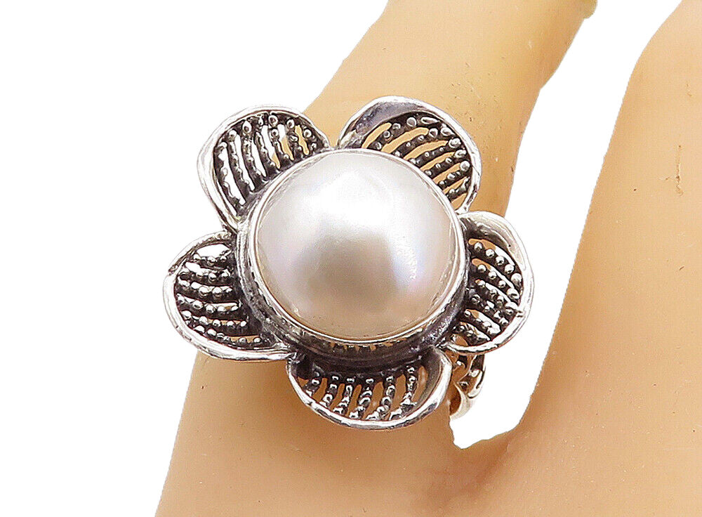 925 Sterling Silver  Freshwater Pearl Dome Flower Cocktail Ring Sz 7  RG7826
