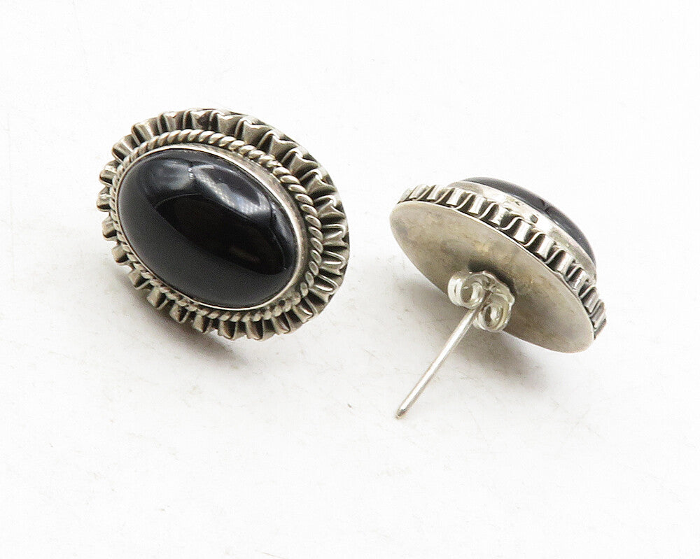 925 Sterling Silver  Vintage Cabochon Cut Black Onyx Drop Earrings  EG6343