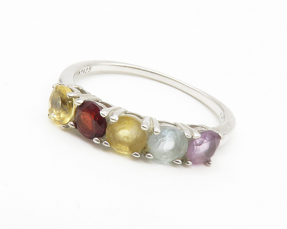 925 Sterling Silver Amethyst Topaz & Garnet 5 Stone Band Ring Sz 8 RG14220