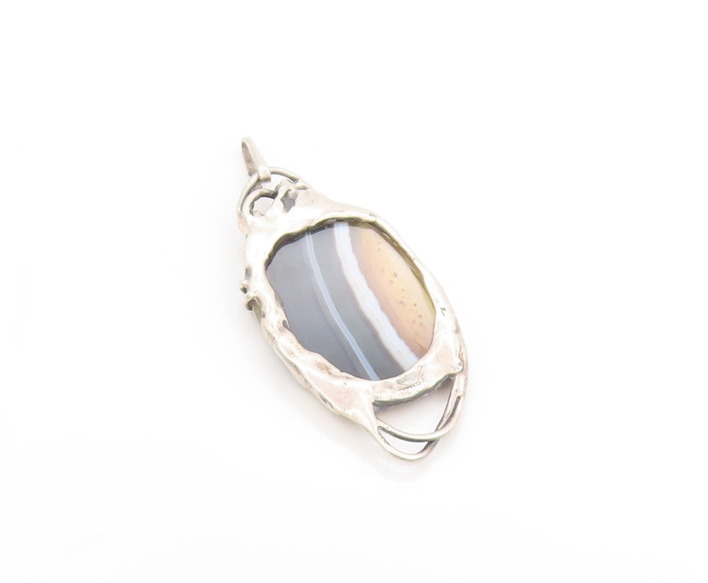 925 Sterling Silver Vintage Pendant Large Agate Modernist River Design  PT25078