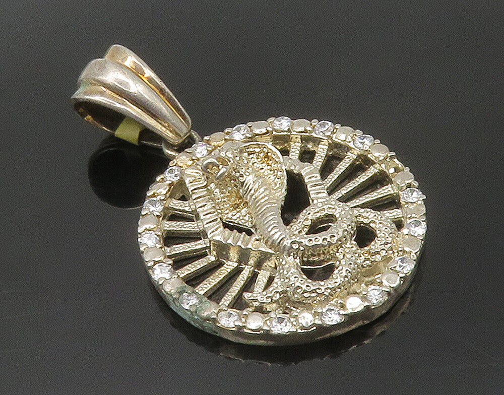 925 Sterling Silver  Vintage Cubic Zirconia Cobra Snake Round Pendant  PT11952