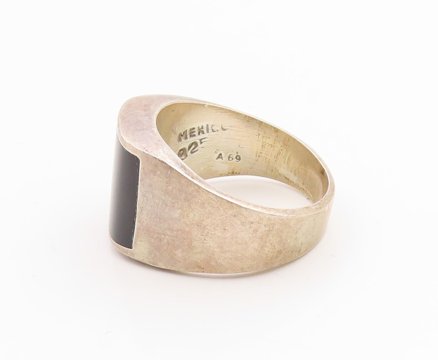 925 Sterling Silver Vintage Ring MEXICO Black Onyx Inlay Band  Sz 11.5  RG35882