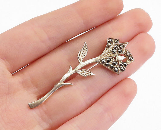 925 Sterling Silver  Vintage Shiny Marcasite Single Flower Brooch Pin  BP1781