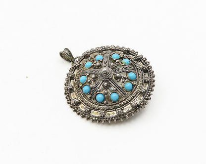 ISRAEL 925 Silver  Vintage Antique Turquoise Ornate Floral Brooch Pin  BP7401
