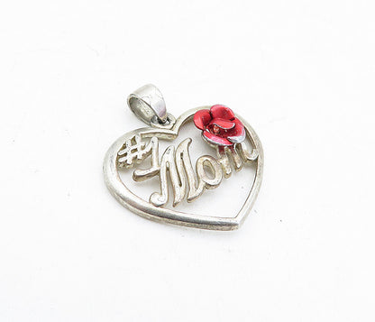 925 Sterling Silver  Vintage Rose Flower Mom Love Heart Drop Pendant  PT3406