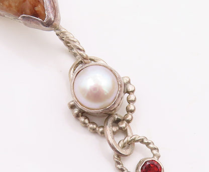 925 Sterling Silver  Vintage Pearl Pink Topaz & Jasper Twist Pendant  PT14798