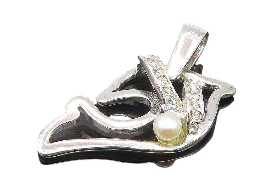 925 Sterling Silver  Petite Pearl & Topaz Shiny Dolphin Motif Pendant  PT8999
