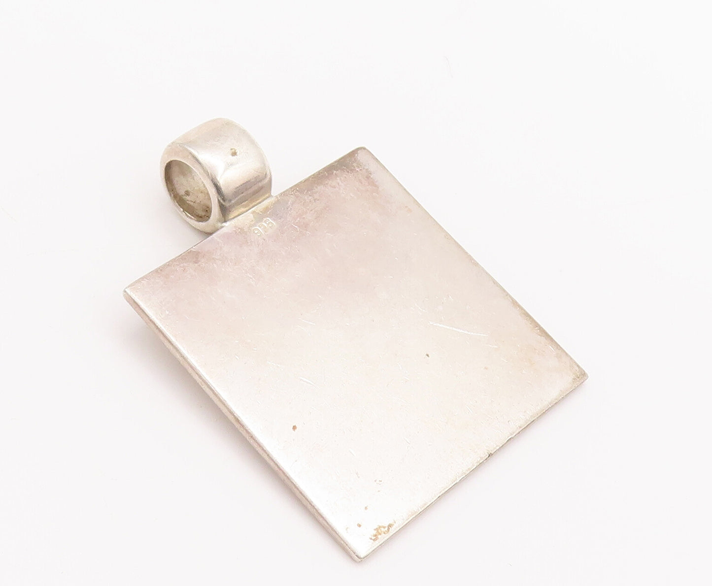 925 Sterling Silver Vintage Pendant Modernist Swirly Etched Large Square PT22667