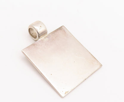 925 Sterling Silver Vintage Pendant Modernist Swirly Etched Large Square PT22667