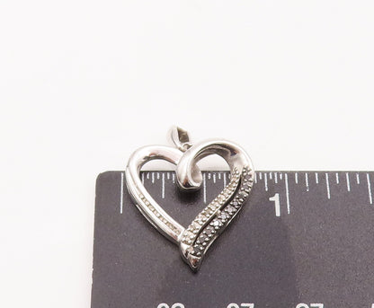 925 Sterling Silver Vintage Pendant Swirled Cutout Diamonds Inlay Heart  PT23094