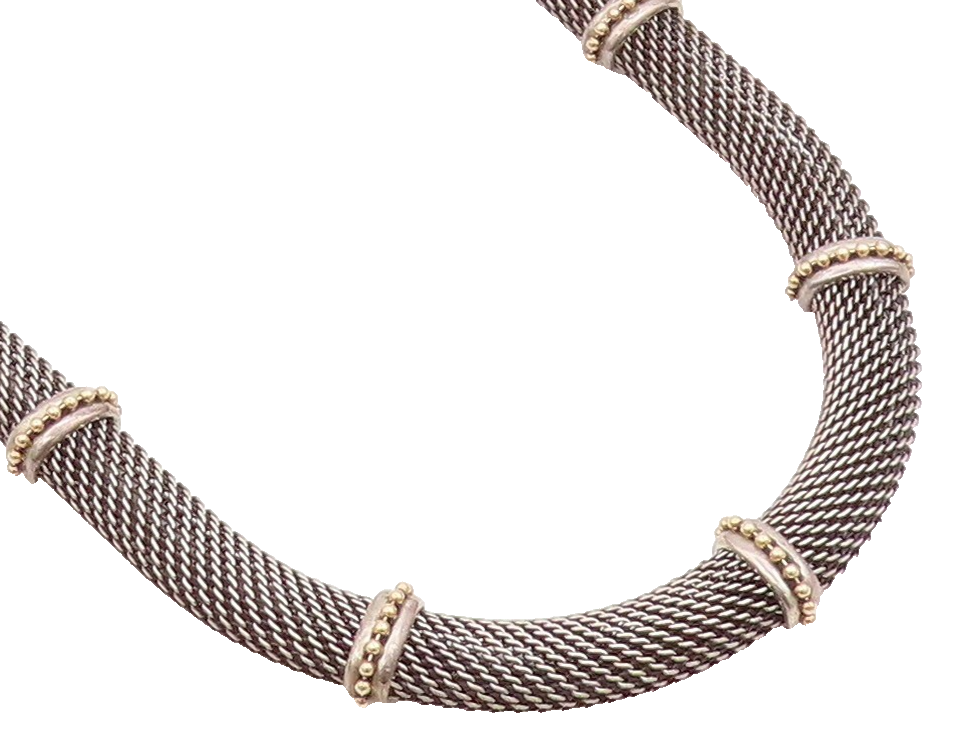 14k Gold 925 Sterling Silver Vintage Necklace Dark Tone Net Effect Cutout NE4437
