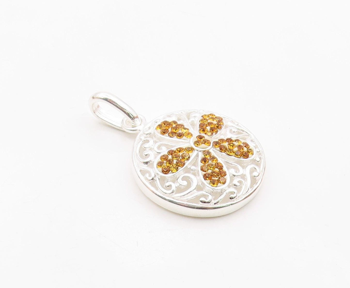 925 Sterling Silver  Citrine Flower Shiny Swirl Round Drop Pendant  PT14551