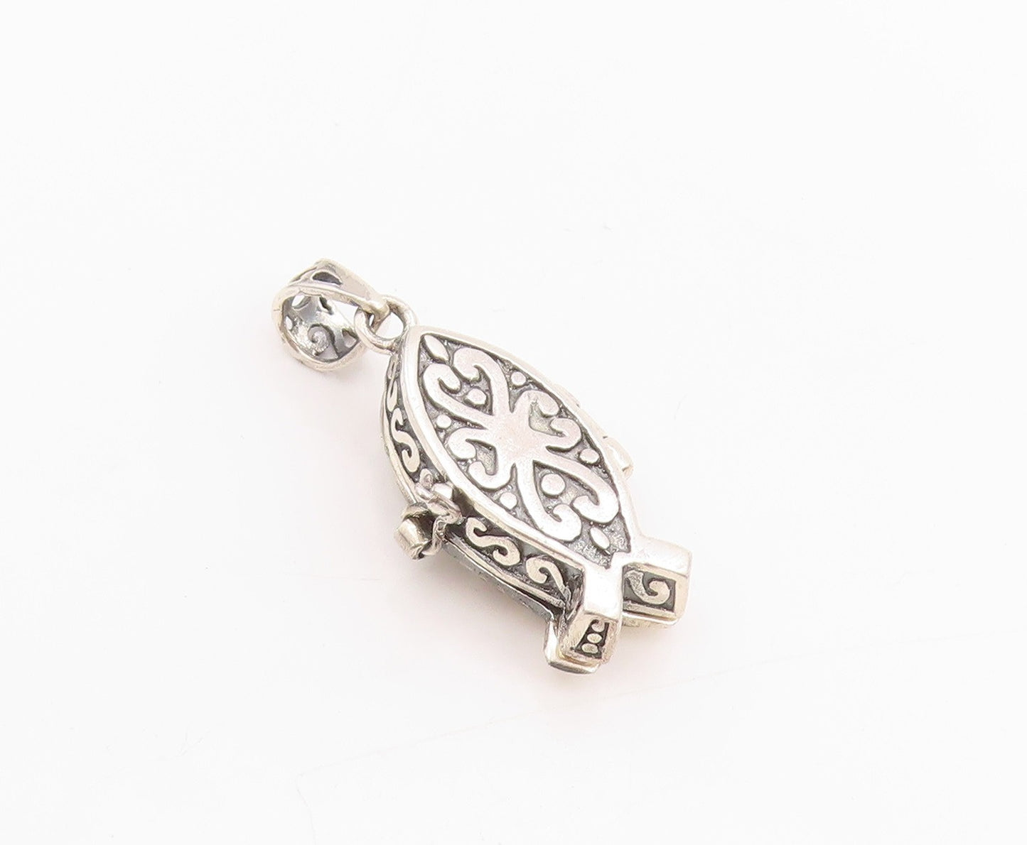 925 Sterling Silver Vintage Pendant Etched Swirly Cross Fish Box Charm  PT24583