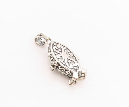 925 Sterling Silver Vintage Pendant Etched Swirly Cross Fish Box Charm  PT24583