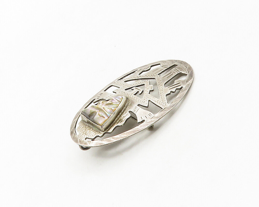 GUATEMALA 925 Silver  Vintage Face Carved Abalone Warrior Brooch Pin  BP6727