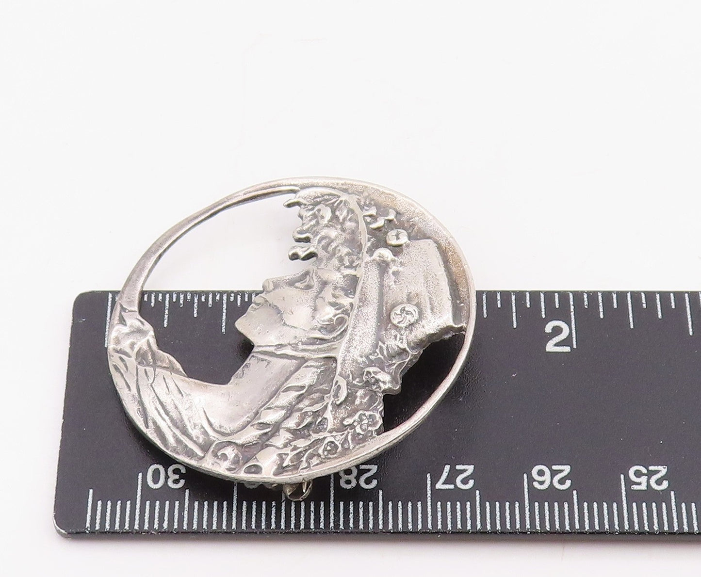 925 Sterling Silver Vintage Brooch Pin Art Nouveau Style Lady Portrait  BP12325