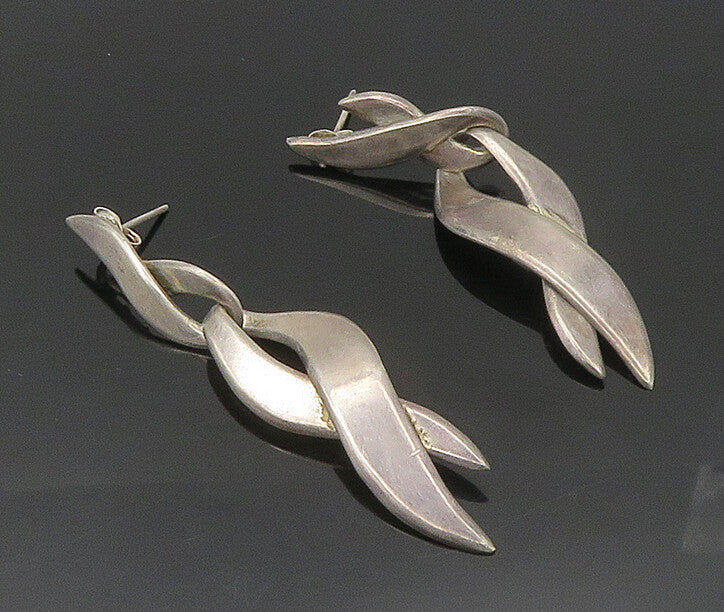 MEXICO 925 Sterling Silver  Vintage Dark Tone Ribbon Dangle Earrings  EG9274