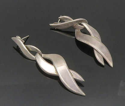 MEXICO 925 Sterling Silver  Vintage Dark Tone Ribbon Dangle Earrings  EG9274