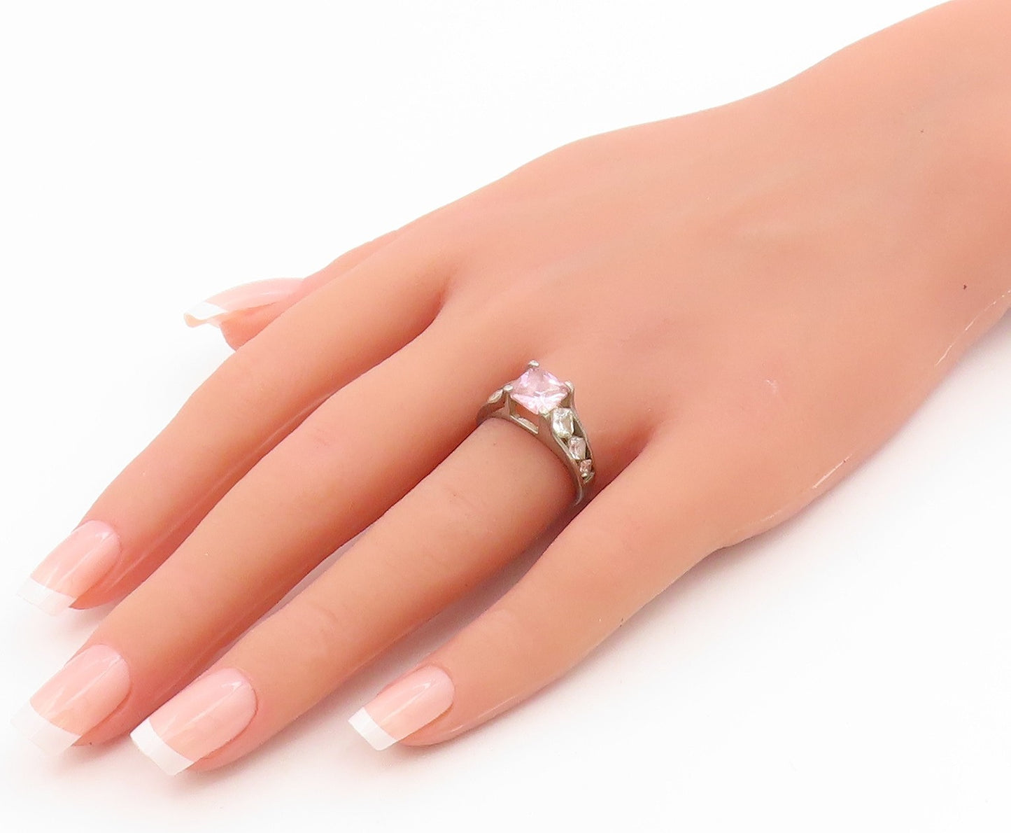 925 Sterling Silver Vintage Ring Classic Pink & White Topaz Band  Sz 7  RG35933