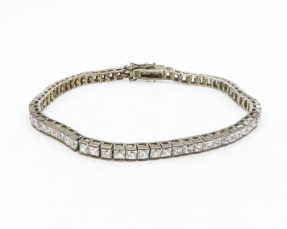 925 Sterling Silver  Vintage Cubic Zirconia Box Link Chain Bracelet  BT5107