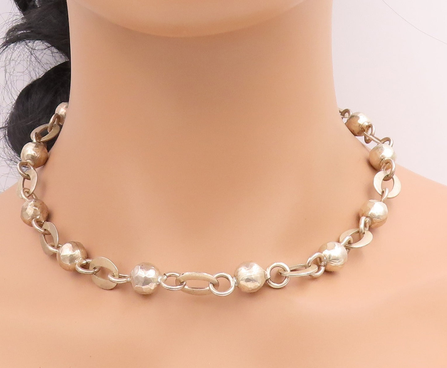 925 Sterling Silver Vintage Necklace MEXICO Classic Oval Link & Beads  NE4753