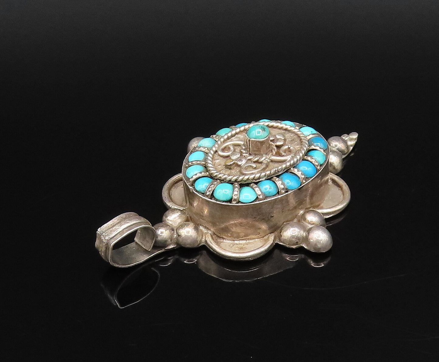 925 Sterling Silver Vintage Beaded & Rope Twist Multi Turquoise Pendant  PT21766