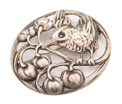925 Sterling Silver Vintage Brooch Pin Antique Carved Bird On Tree  BP10829