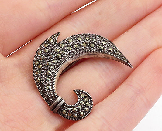 925 Sterling Silver  Vintage Marcasite Decorated Swirled Brooch Pin  BP1651