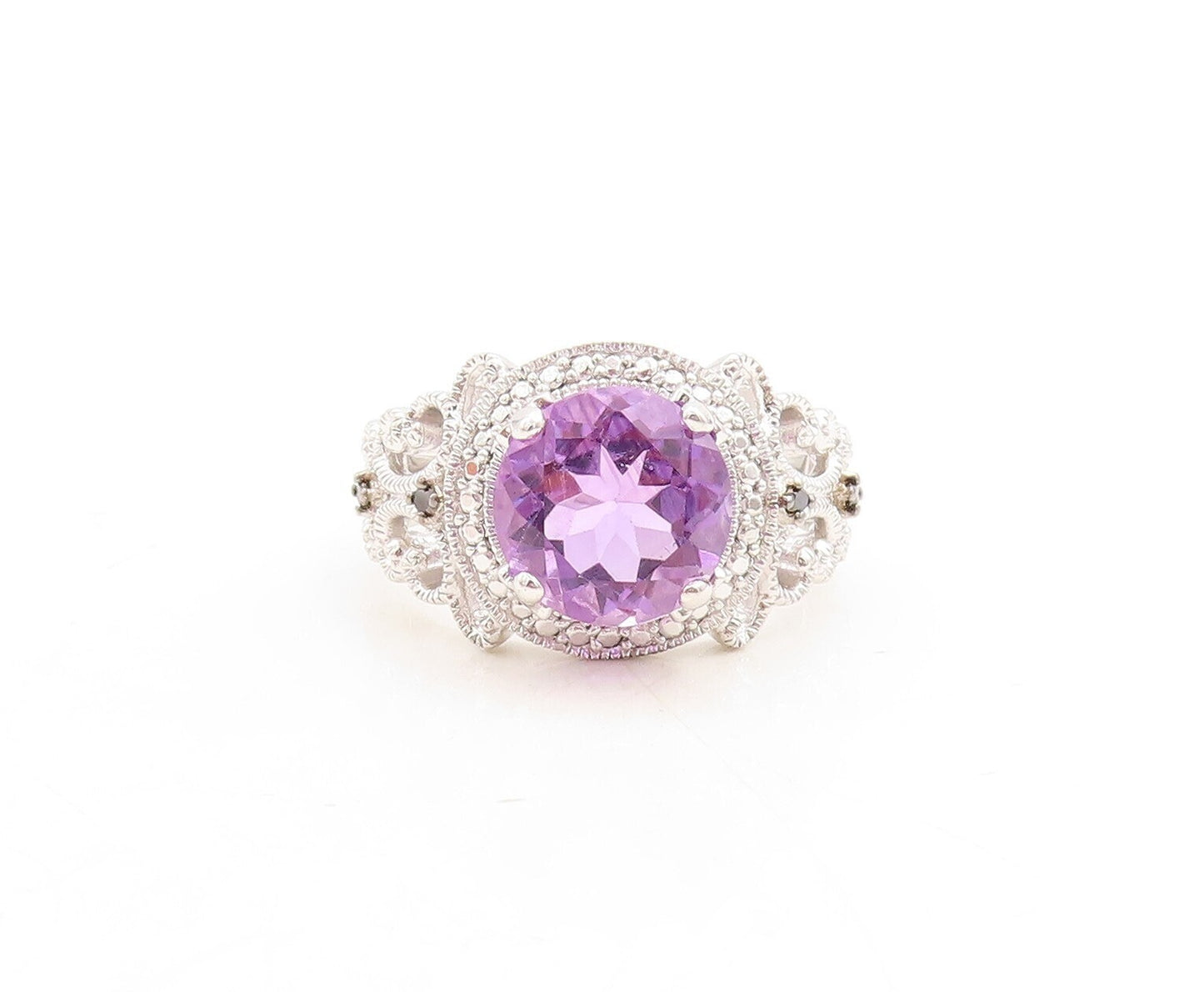 925 Sterling Silver Vintage Ring Swirly Carved Round Cut Amethyst  Sz 9  RG31387