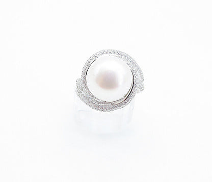 925 Sterling Silver  Pearl & Cubic Zirconia Swirl Cocktail Ring Sz 6  RG3795