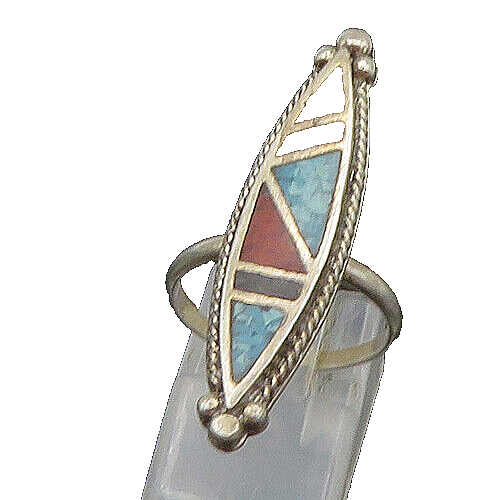 SOUTHWESTERN 925 Silver Vintage Turquoise Onyx & Coral Ring Sz 7 RG22898