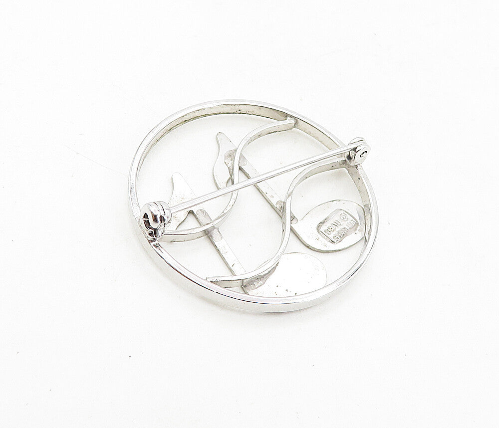 BEAU 925 Sterling Silver  Vintage Music Notes Round Open Brooch Pin  BP3197