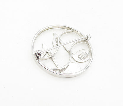 BEAU 925 Sterling Silver  Vintage Music Notes Round Open Brooch Pin  BP3197