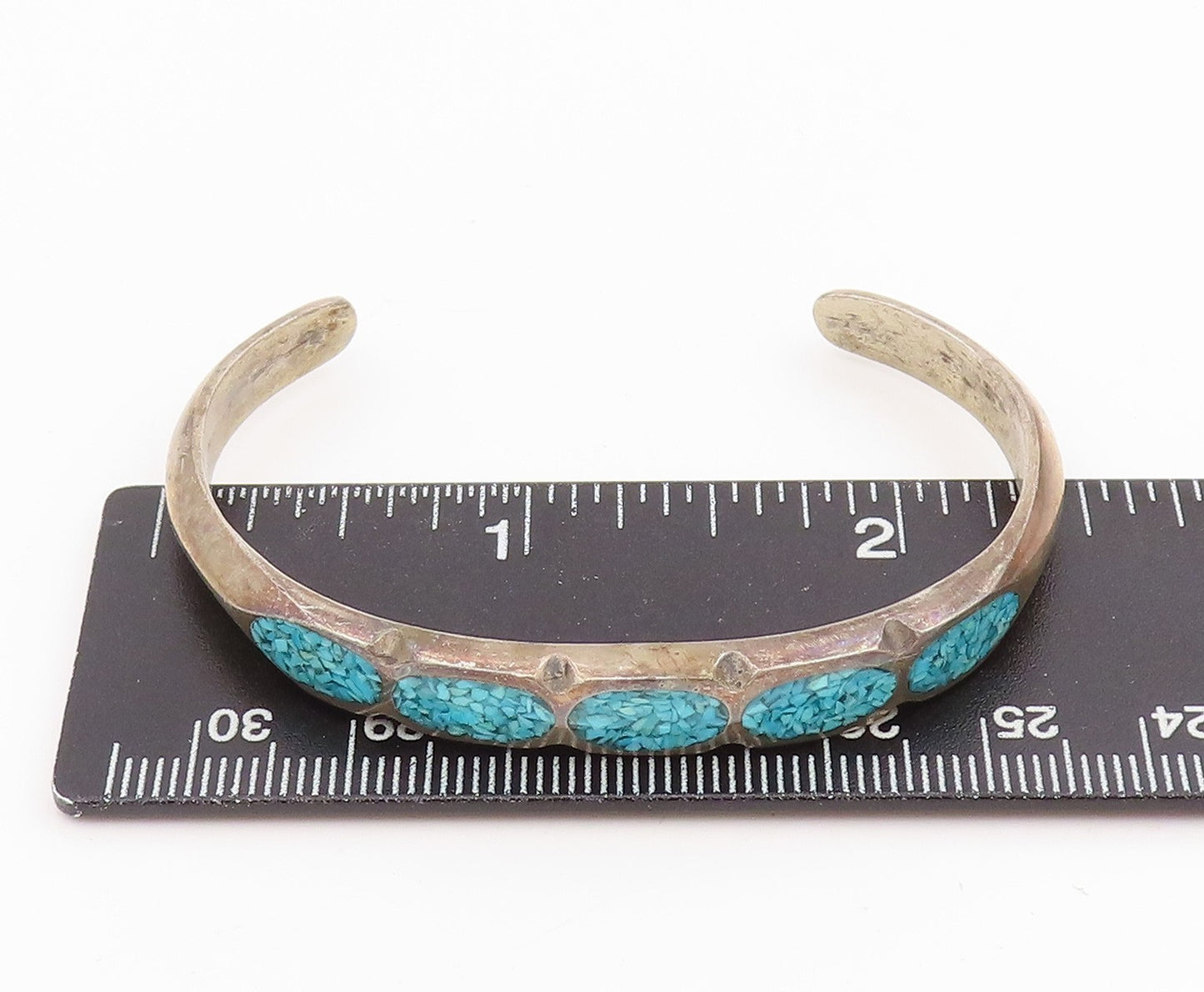 925 Sterling Silver Vintage Bracelet NAVAJO ZUNI Crushed Turquoise Inlay BT11618