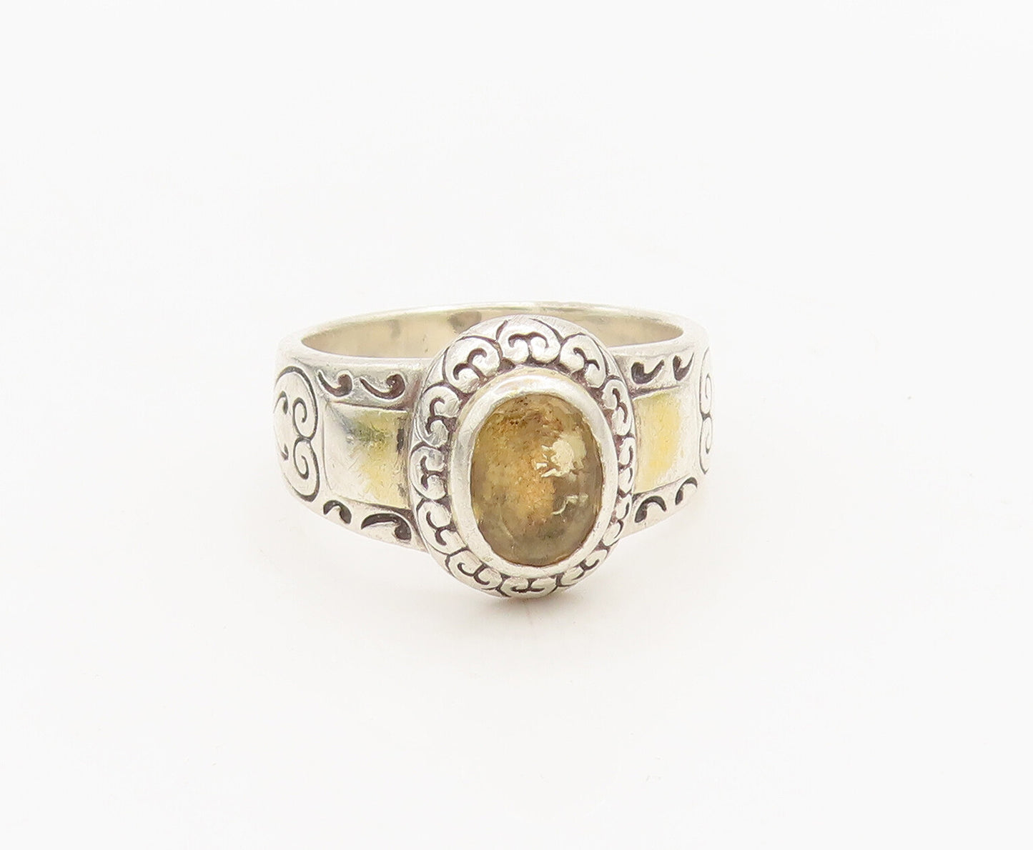 KAMELEON 925 Silver  Vintage Etched Swirls Citrine Solid Ring Sz 7.5  RG26903