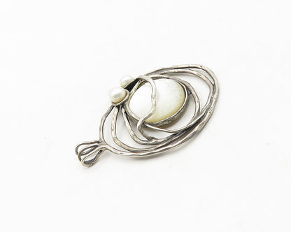 925 Sterling Silver Vintage Pearls & Mother Of Pearl Modernist Pendant PT15287