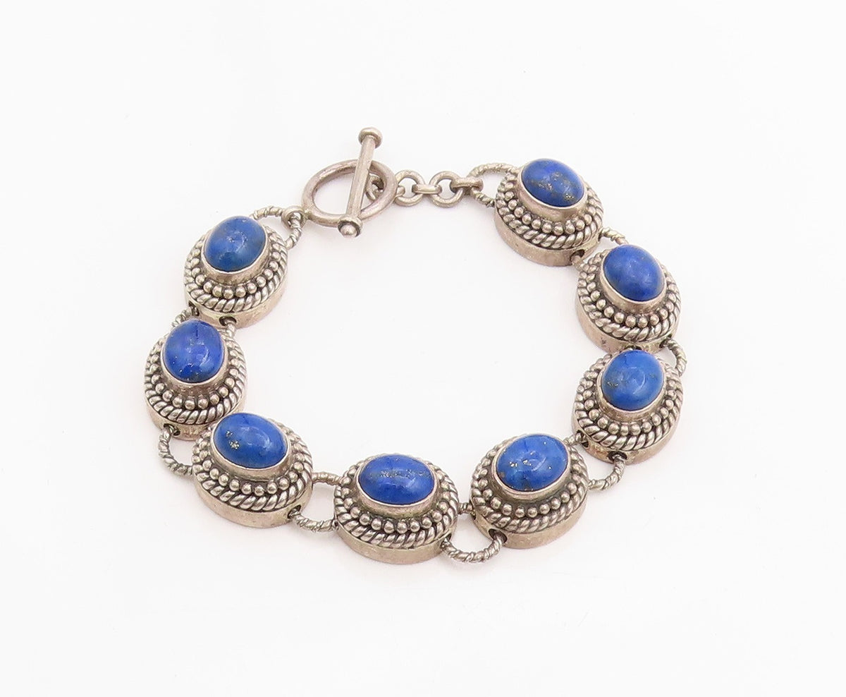 925 Sterling Silver Vintage Bracelet Cabochon Lapis Lazuli Beaded Chain  BT11437