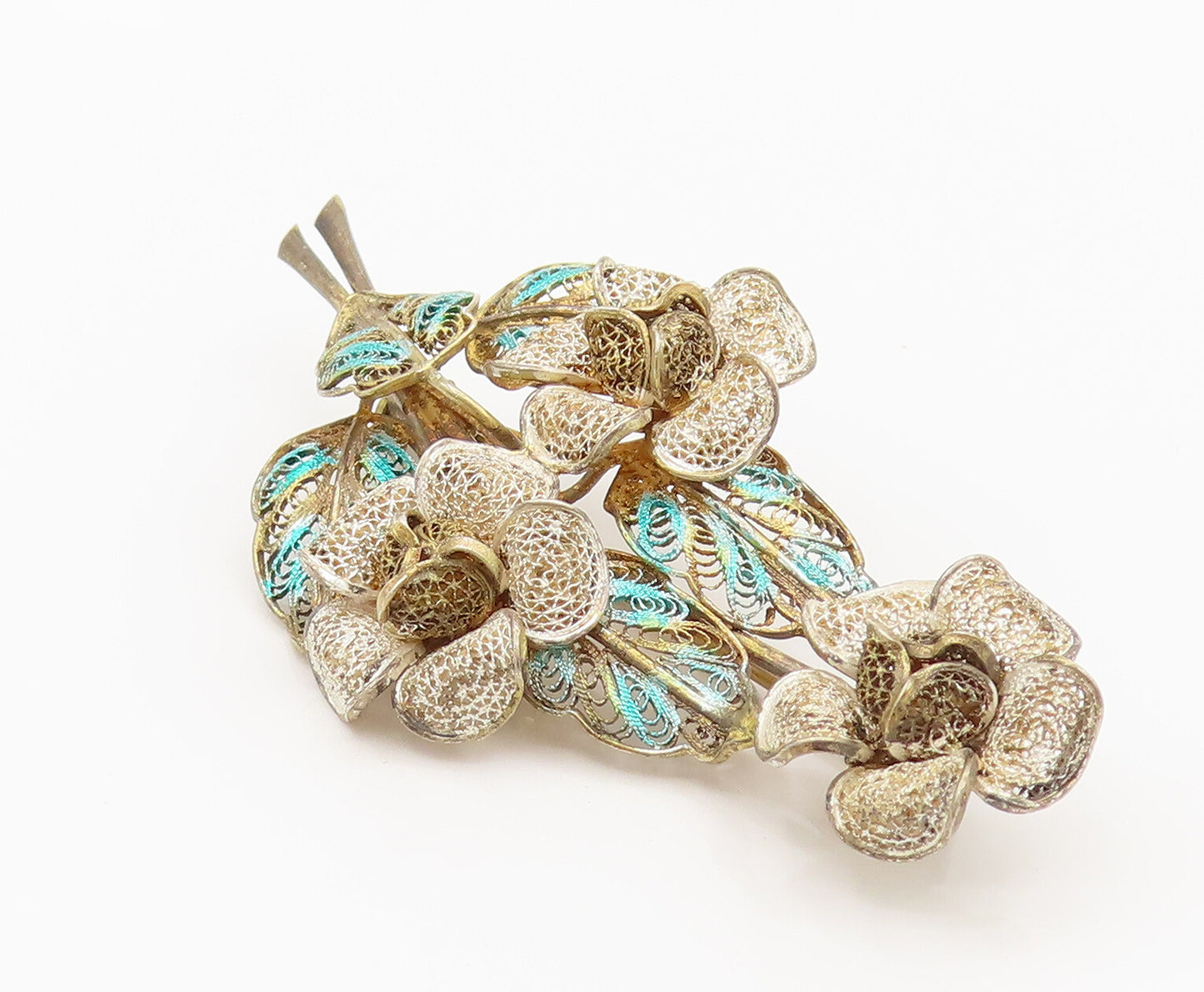 925 Sterling Silver  Vintage Filigree Flower Bouquet Brooch Pin  BP10112