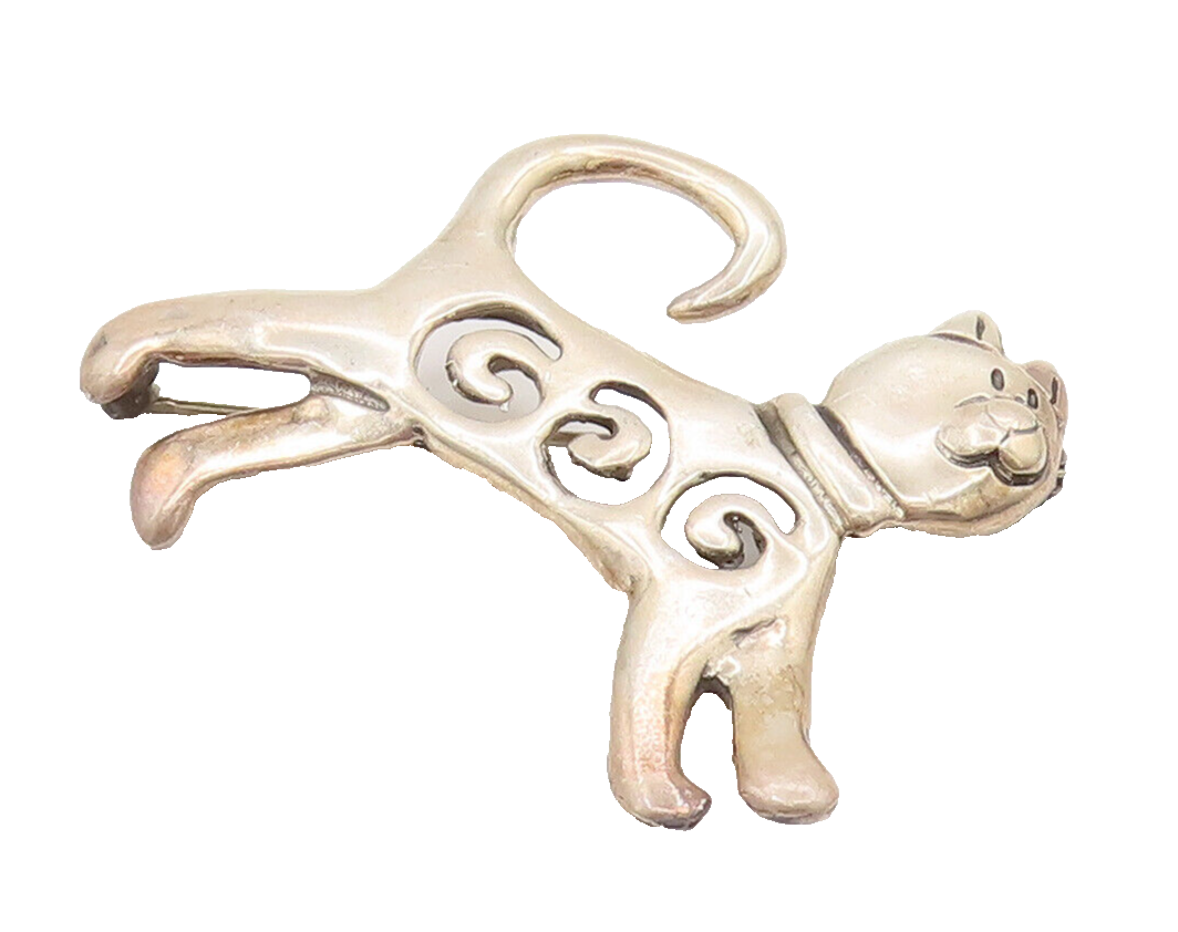 925 Sterling Silver  Vintage Open Spirals Kitty Cat Brooch Pin  BP10156
