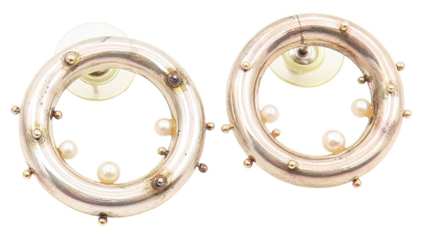 18k Gold & 925 Sterling Silver Vintage Earrings HIROKO YAMADA Pearls  EG13989