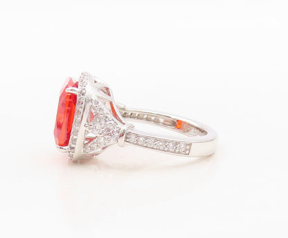 925 Sterling Silver Vintage Ring Square Orange Halo White CZ  Sz 7 RG30359