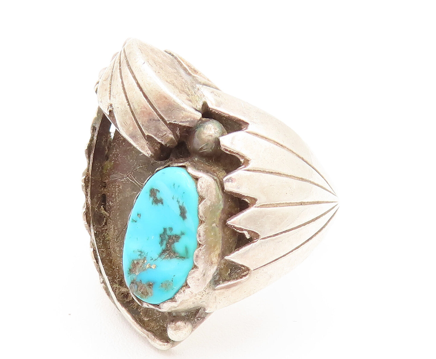 NAVAJO 925 Silver  Vintage Modern Engraved Lines Turquoise Ring Sz 10  RG26170