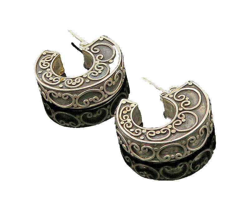 925 Sterling Silver  Vintage Dark Tone Pretzel Swirl Hoop Earrings  EG10413
