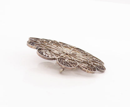 925 Sterling Silver Vintage Brooch Pin MIDDLE EAST Filigree Work Flower  BP10844