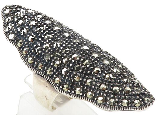 925 Sterling Silver  Vintage Marcasite Full Finger Cocktail Ring Sz 8  RG10738