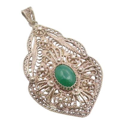 925 Sterling Silver Vintage Pendant Green Onyx Intricate Filigree Locket PT26253